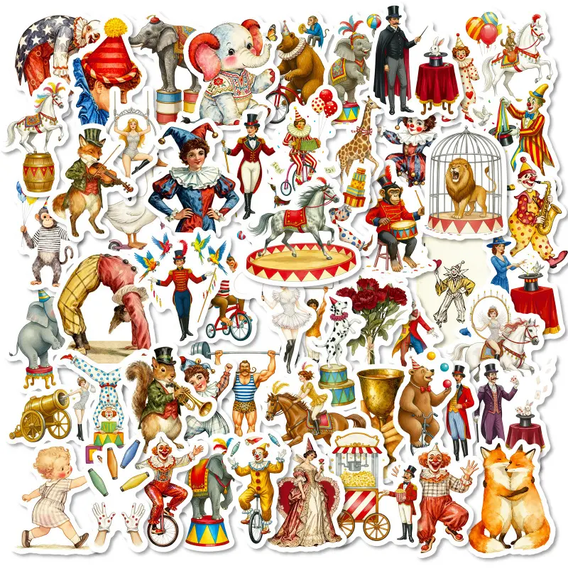 56-piece circus retro cartoon sticker pack with clown and animal performance elements, creative stickers, Diy Art Stickers, Scrapbook Stickers