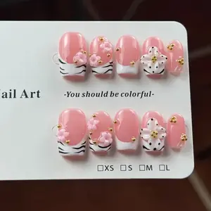 Luxurious Nail Set, Stylish Acrylic Nails, Gentle Design, Hand-Painted Details, 3D Carving, Mini Gold Beads, Perfect for Princess Themes & Birthdays