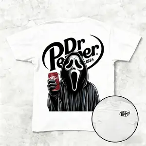 Ghost face pattern T-shirt, vintage style top, horror atmosphere short sleeves, suitable for all seasons, fashionable casual streetwear, unisex