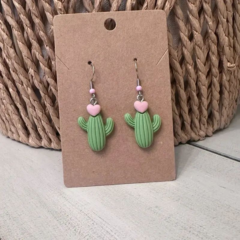 Cactus Succulent Love Dangle Drop Green & Pink Earrings