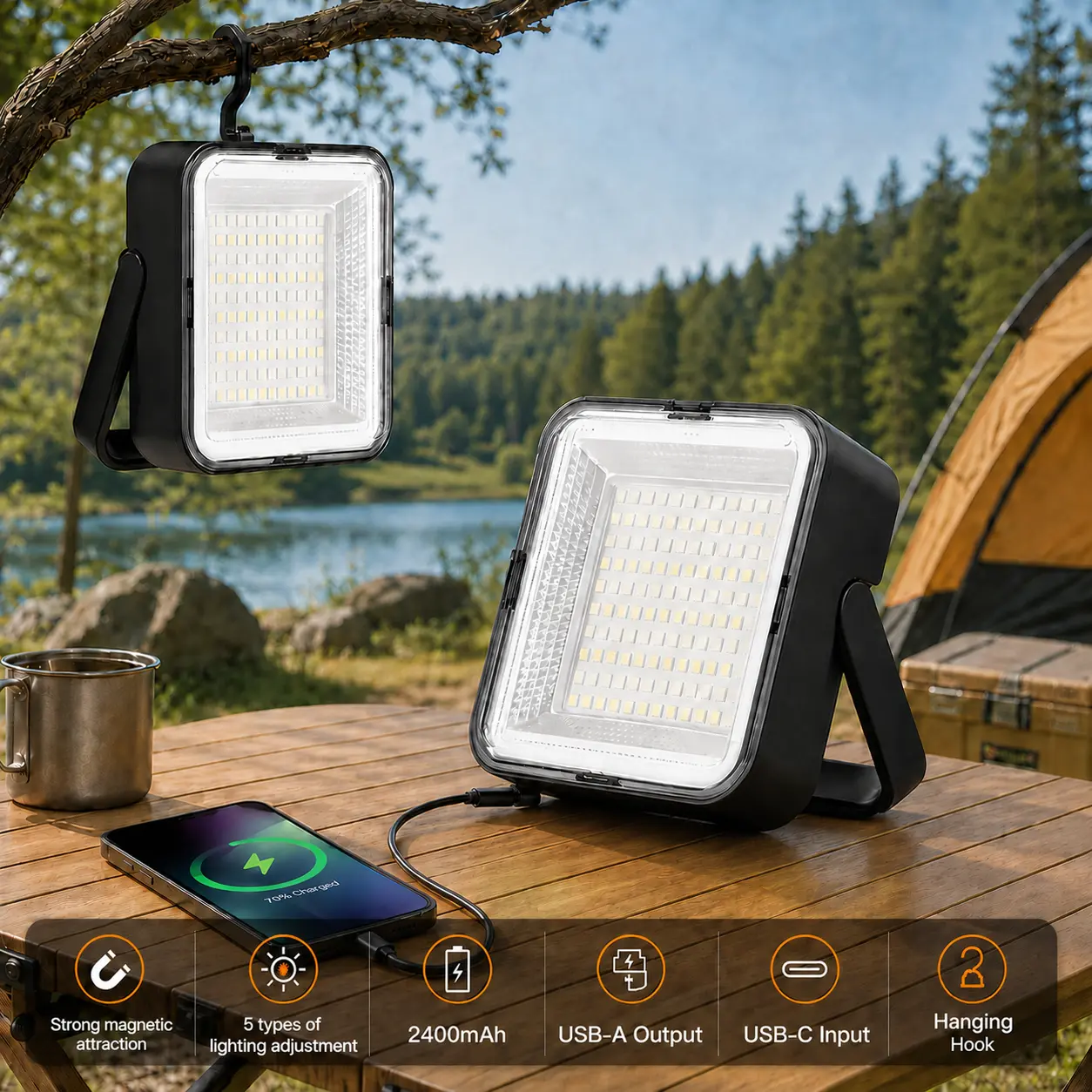 【Father's Day Gift】120 LED Mini Solar Waterproof USB Handheld LED Flashlight with Charging Port, High-Intensity Continuous Lighting, Emergency Phone Charging for Outdoors, Campfire-BBQ Party (Mini Lantern Function)
