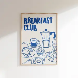 Breakfast Club Print, Retro Dinning Room Wall Art, Blue Kitchen Food Decor, Trendy Wall Art, Printable Breakfast Poster, Unframe