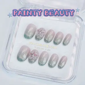 【A129】 Almond Shape Cat's Eye 3D Flowers Handmade Press On Nails Solid Color Decorative Manicure Tips