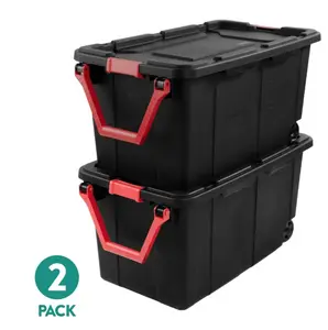 Sterilite Extra-Large Wheeled Industrial Storage Bin, 40 Gallon Durable Plastic Storage Tote with Latching Lid and Pull Handle, Black, 2 Pack