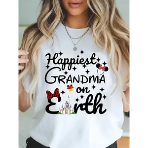 [100% Cotton] Women'SGraphic T-Shirt - 100% Cotton Short Sleeve Crew Neck Casual Tee With "Happiest Grandma On Earth" Print, Mickey Ears & Stars Design - Mother'S Day Gift, Spring Summer Machine Washable, Spring Summer Apparel |    T-Shirt For Men And Wom