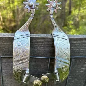 Pair Men’s Size Heavy Duty Engraved Stainless Steel Western Spurs