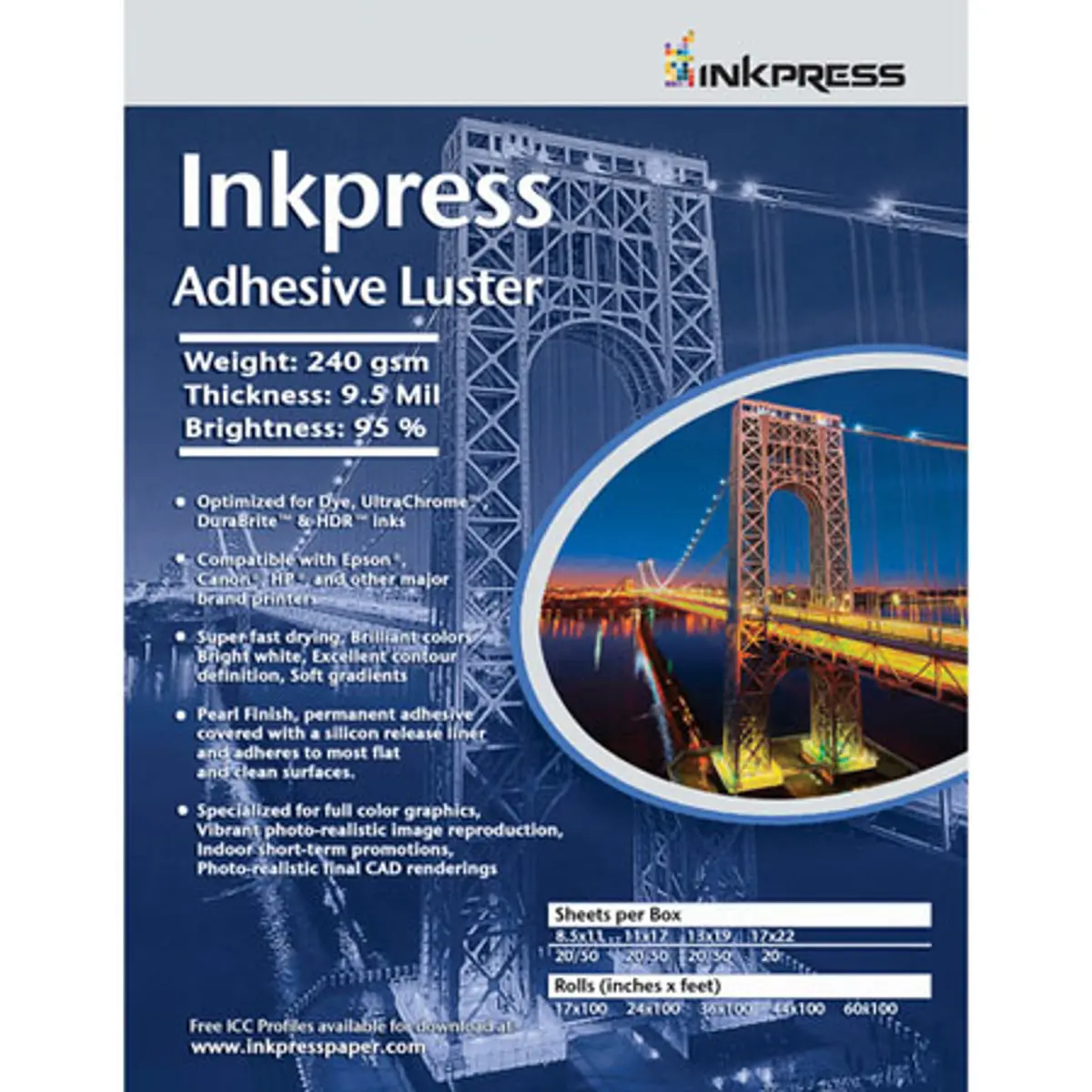 Inkpress Adhesive Luster Inkjet Paper, 240 gsm Weight, 95% Brightness, 9.5 mil Thickness, 8.5x11", 20 Sheets