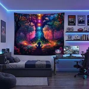 1pc Seven Chakras Tree of Life Meditation Tapestry Psychedelic Aurora Forest Bedroom Living Room Meditation Room Yoga Studio Wall Decor HD Print Polyester