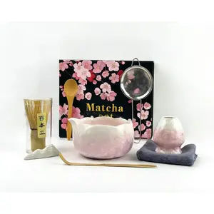 Matcha Whisk Set, Ceramic Matcha Set, Matcha Bowl with Spout and Whisk,8 pcs Matcha Tea Kit for Matcha Lovers, Ideal Gift Christmas, Birthday (Pink)