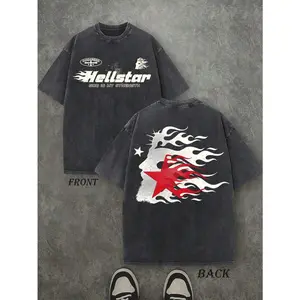 Retro Hellstar Flame Star Double-Sided Print T-Shirt Vintage Washed Faith Streetwear Tee For Men Women Outdoor Wear