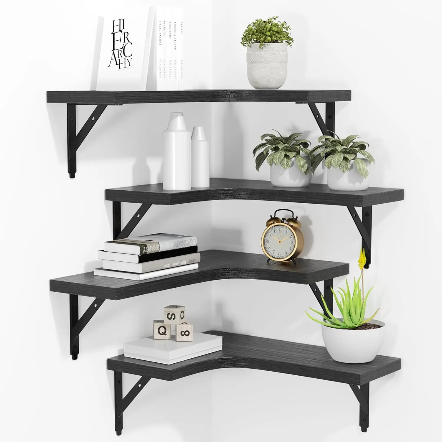 Corner Floating Shelves Wall Mounted Set of 4, Rustic  Storage Display Wall Shelves for Home Decor, Bathroom, Kitchen, Bedroom, Living Room, Office (Black)