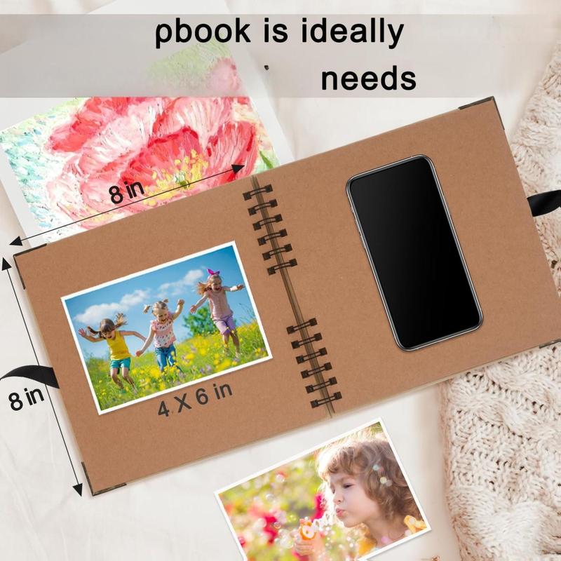 Scrapbook Album, 8 x 8 Inch Scrap book, 60 Brown Blank Pages Scrapbooks, Hardcover Photo Album Scrapbook, Kraft Paper Memory Book, Traveling, Birthday & Holiday Gifts.