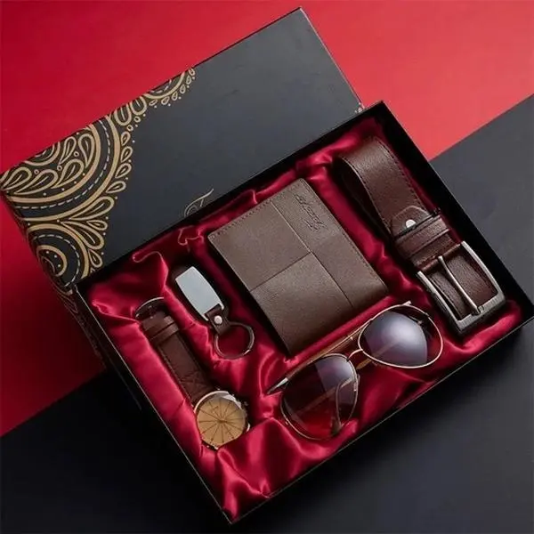 Men's Gift Set 5-Piece - Luxury Watch, Wallet, Belt, Sunglasses, Keychain - Brown Faux Leather Boxed Set for Dad, Husband, Boyfriend, Groomsmen