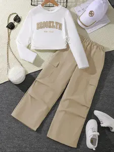 Two-Piece Set Girl's Letter Print Sweatshirt & Pocket Cargo Pants Set, Casual Outfit Set Round Neck Long Sleeve Pullover & Pants for Fall & Winter, Kids Clothes for Daily Wear