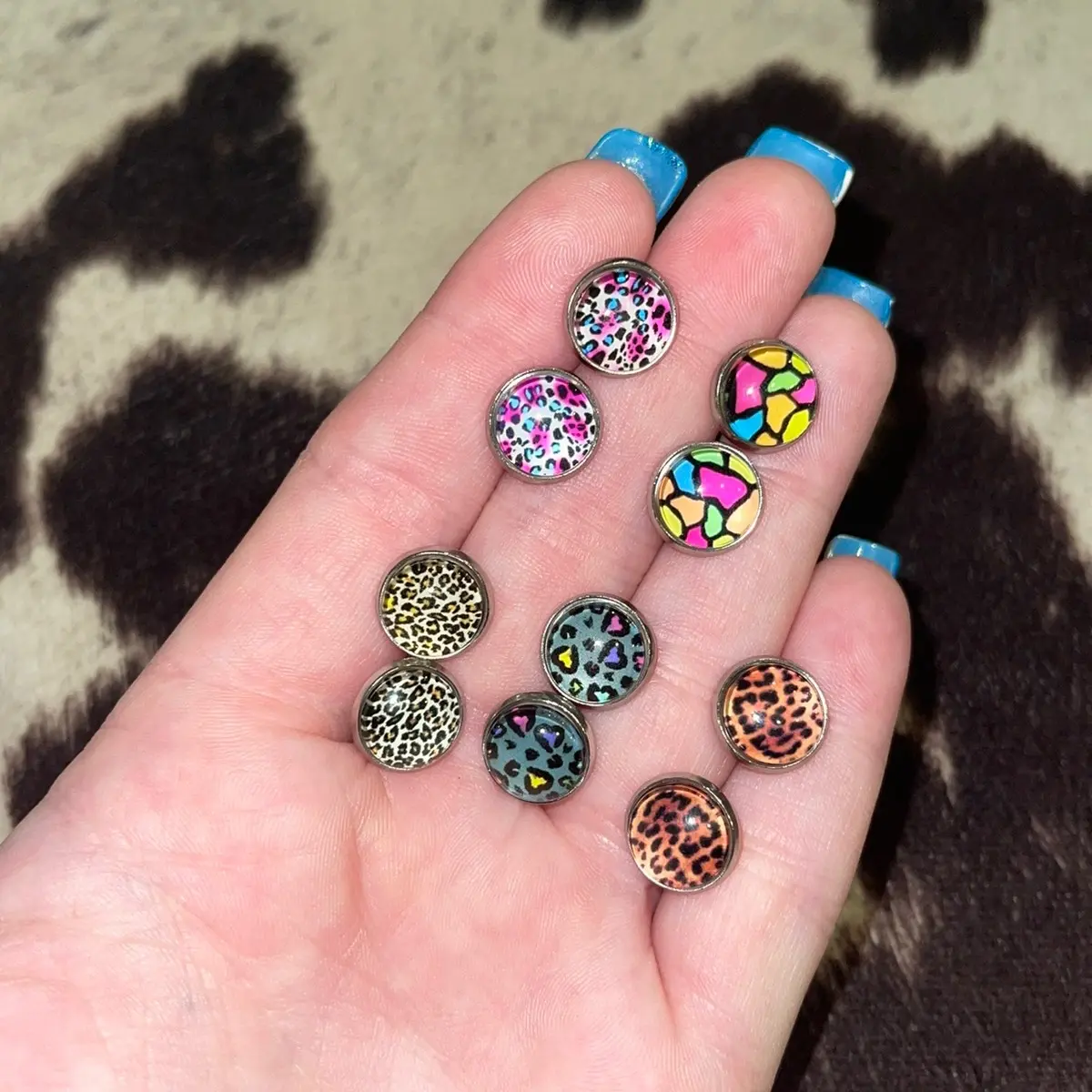 Glass 10mm cabochon animal print stud earrings/hypoallergenic and stainless steel