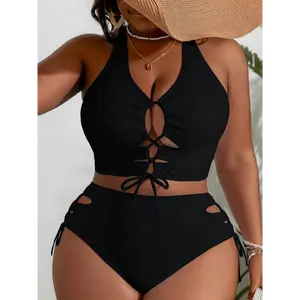 Women's Plus Size Solid Color High Waist Bikini Set with Drawstring, Fabric, Removable Padding, Polyamide 80%, Elastane 20%, 220gsm, Modest Style