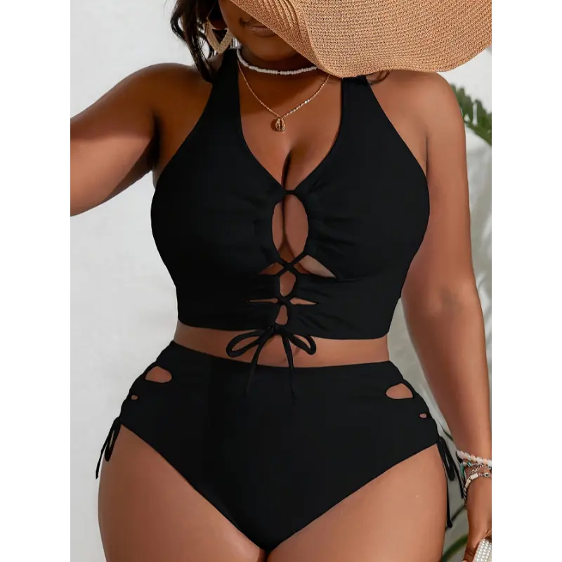 Women's Plus Size Smooth Polyester High-Waisted Tummy Control Bikini Set - Solid Color, Drawstring Waist, Removable Padding, 80% Polyamide 20% Elastane, 220gsm, Modest Machine-Washable Bikini Beach Wear Swimsuit Outfit