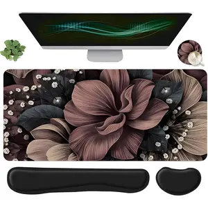 4pcs Dark Brown Floral Design Mouse Pad + Keyboard Wrist Rest + Ergonomic Mouse Pad + Coaster Set, Desktop Accessory For Desktop Decoration, Office Accessories Set Ergonomic Wrist Support, Suitable For Home Office Gaming