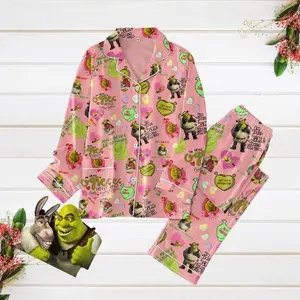 Shrek Face Pajamas Set, Fiona And Shrek Couple Pajamas, Meme Valentine Matching Pajamas, Cartoon Movie Pj Set, Gift For Girlfriend Pajama Satin Set