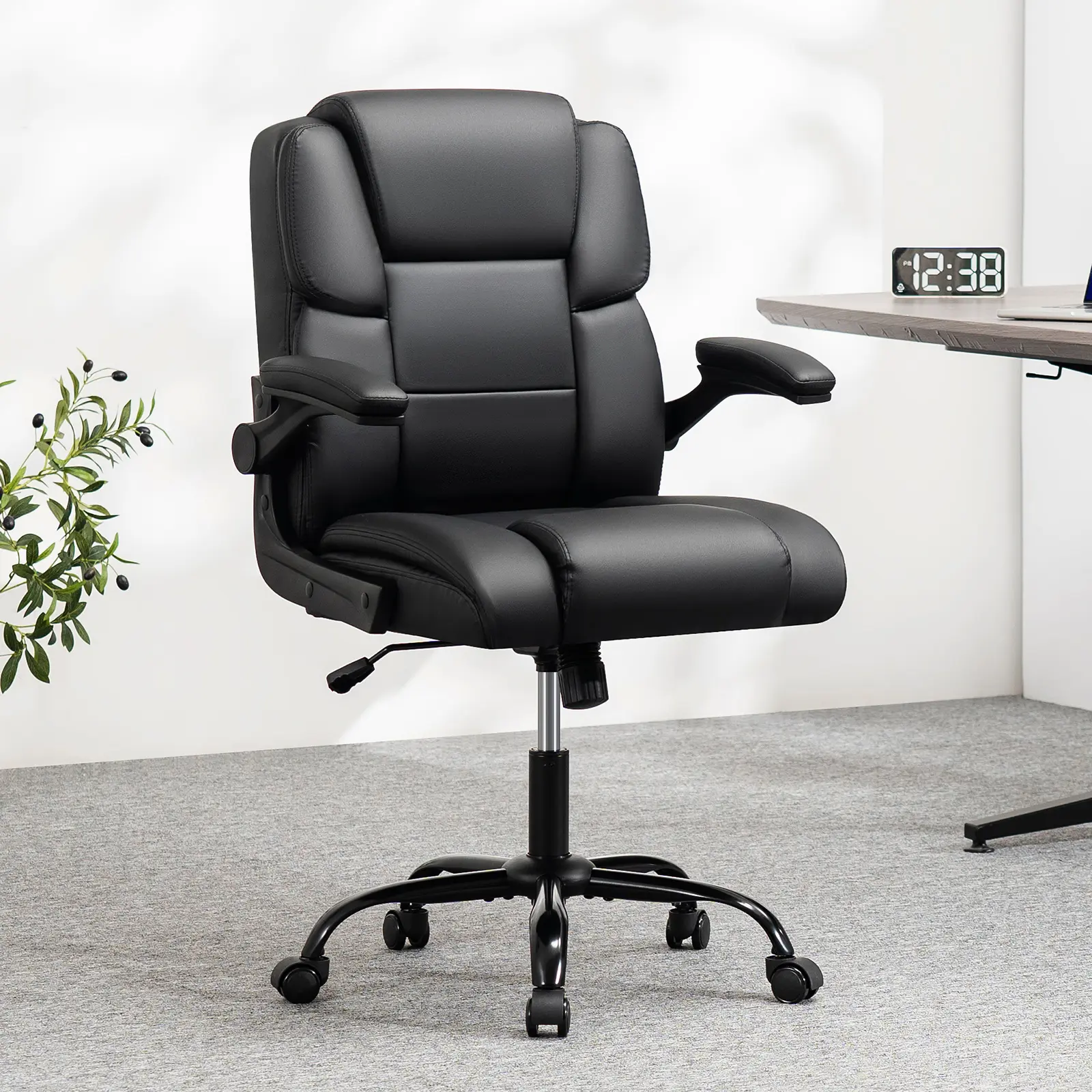 HOFFREE Leather Office Chair Home Computer Desk Chairs with Flip-up Arms and Swivel Wheels Adjustable Height PU Leather Mid Back Ergonomic Executive Office Chair for Short People Black