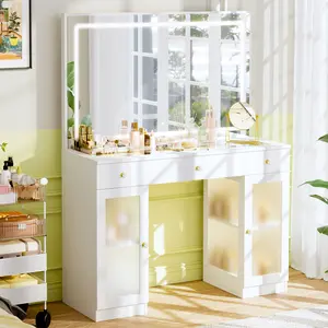 Makeup Vanity with Lighted Mirror, Glass Top Vanity Desk with Power Outlet, 3-Drawer White/Black Vanity Table with 3 Color Modes Adjustment, Pamapic Makeup Desk