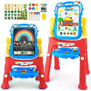 Art Easel for Kids - Adjustable Standing Toddler Easel, 4 in1 Double-Sided Large Magnetic Drawing Chalk Board Kids Painting Easel, White Board for Birthday Gifts for Boys Girls