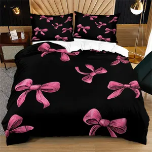 Black and Pink Bow Duvet Cover Set, Bow Print Design,Suitable for Women and Girls' Bedroom Bedding Set,Including 1 Duvet Cover and 1 or 2 Pillowcases (Excluding Quilt and Pillow Inserts)
