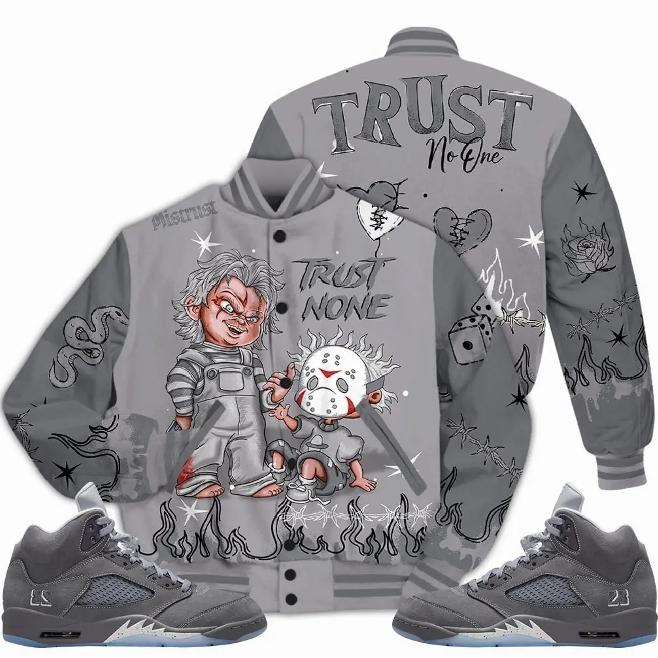 5 Wolf Grey Varsity Jacket, Retro Wolf Grey 5s Outfits, Scary Trust No One Unisex T-Shirts To Match Sneakers, Streetwear Style Urban