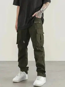 Men's American Style Casual Work Pants, Fitted Elastic Waist Drawstring Design, Side Pockets with Zipper Closure, Durable Fabric for Everyday Wear, Casual Fashion Bottoms