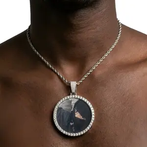 [ICE HUE] 18K Gold Vacuum Plated Copper Pendant Necklace with 5A+ Sri Lanka Zircon, Personalized DIY Custom Memory Round Colorful Photo Design, Chain Link, Adjustable, Exquisite Jewelry Gift, Streetwear Statement Jewelry, Trendy Charm Necklaces for Women