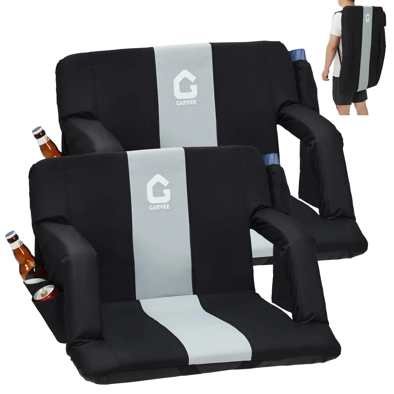 GAOMON 2 Pack Stadium Seats for Bleachers with Back Support 20" Extra Wide Padded Cushion Chair 6 Adjustable Positions Folding Football Seat w/Cup Holder Storage Pockets, Black and Gray