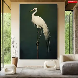 Framed Oil Painting Wall Decor - Elegant White Crane Wall Art, Canvas Wrapped in Solid Wood Frame, Ready-to-Hang Bird Decoration, Suitable for Living Room, Bedroom, Patio - Modern Bohemian Style Decor, Christmas Gift, Hanging Artwork, 2D Flat Design, Perf