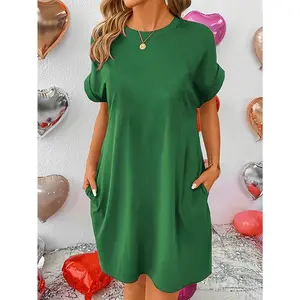 Dual Pocket Crew Neck Loose Dress, Casual Short Sleeve Dress For Spring & Summer, Women's Clothing