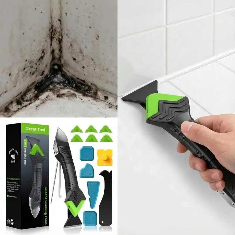 5-in-1 Silicone Caulk Remover & Grout Scraper - Deep Clean Moldy Sealant for Kitchen Sink, Bathroom Tile & Shower - Reusable Caulking Tool Kit - Handheld