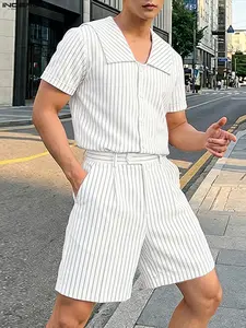 INCERUN Men's Striped Short Sleeve Shirt and Shorts Set Two-Piece, Casual Fashion Clothing for Daily Wear, Comfortable and Stylish