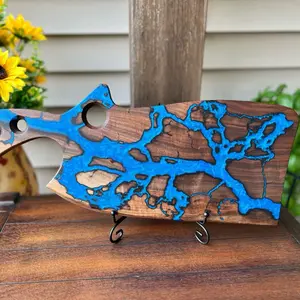 Fractal Burned Walnut Charcuterie Board Kitchen 20"x7.5 with Electric Blue Epoxy Fill Unique Functional Art for Dining Experience
