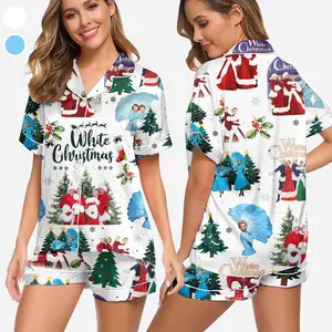 Women’s White Christmas Pajama Set – Vintage Holiday Movie Print Satin Sleepwear, Soft Silky Button-Up Short Sleeve Top & Shorts, Festive Cozy PJs for the Christmas Season