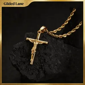 Mens Cross Necklace - Gold/Silver Chain, 18K Gold Plated Crucifix Pendant, Jewelry Gift for Him