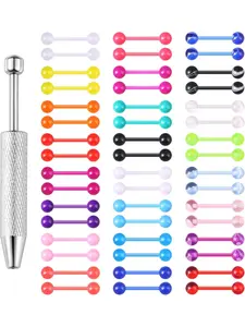 48Pcs 14G Flexible Acrylic Straight Tongue Ring Barbell for Women Candy Color Tongue Piercing Jewelry 14mm Bar Tongue Rings Piercing Ball Grabber Set