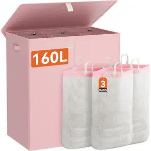 Laundry Hamper with Lid,160L Large Laundry Basket 3 Section with Removable Washing Bags,Collapsible  Dirty Clothes Hamper for Laundry Room Bathroom Dorm,