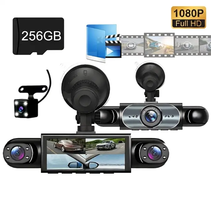 4 Channel Car Dash Cam Front Rear Left Right Quad Lens Full HD Video Recorder 3.16 Inch IPS Screen Super Night Vision Loop Recording G Sensor Wired Power Not Wireless Includes 256GB SD Memory Card