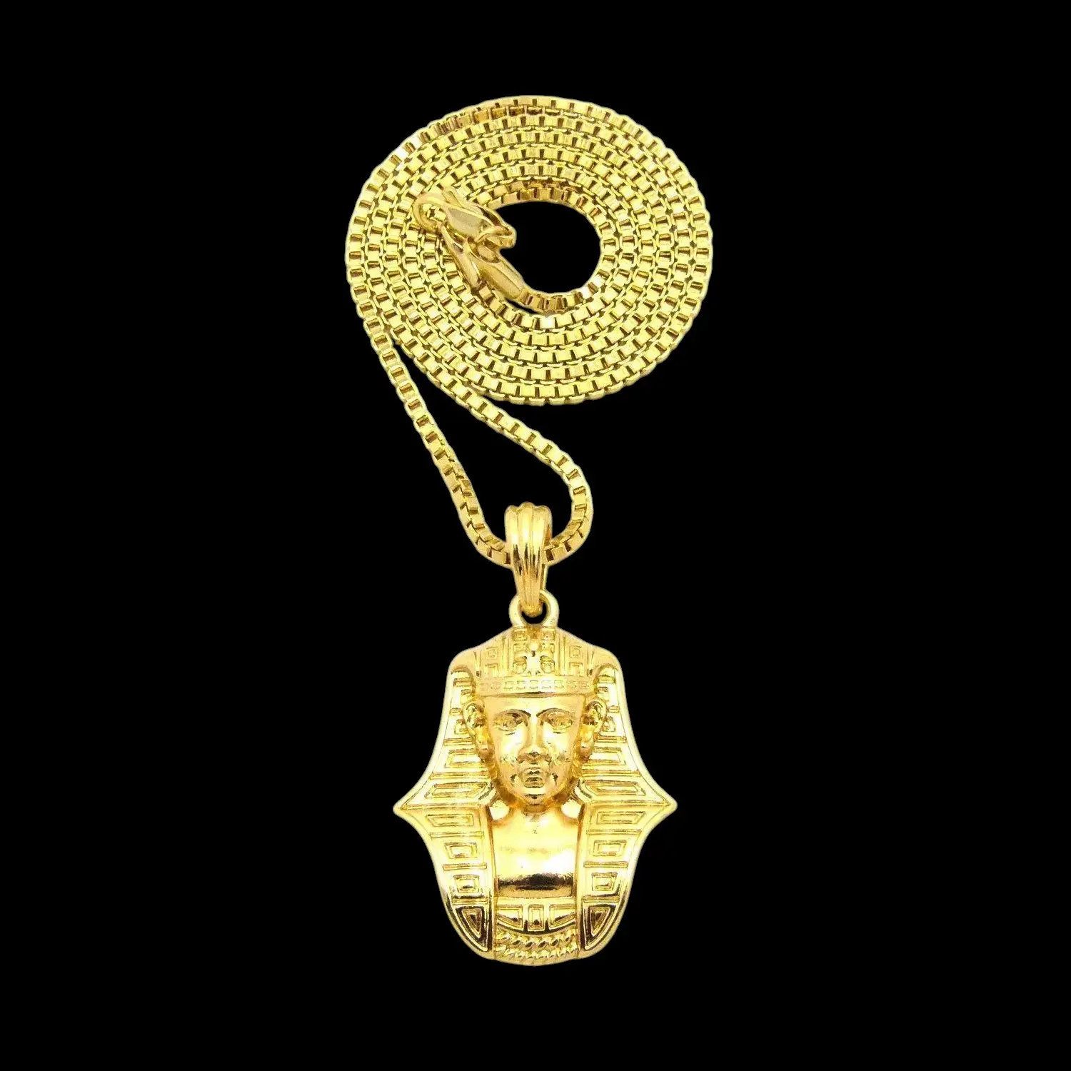 MaxBling81 Pendant Necklace for Adults, Polished Gold-Plated Hip Hop Celebrity Style Pharaoh Face with 2mm Box Chain, 18-24in, Casual Hip Hop, Daily, Chain & Link, Unisex, Long