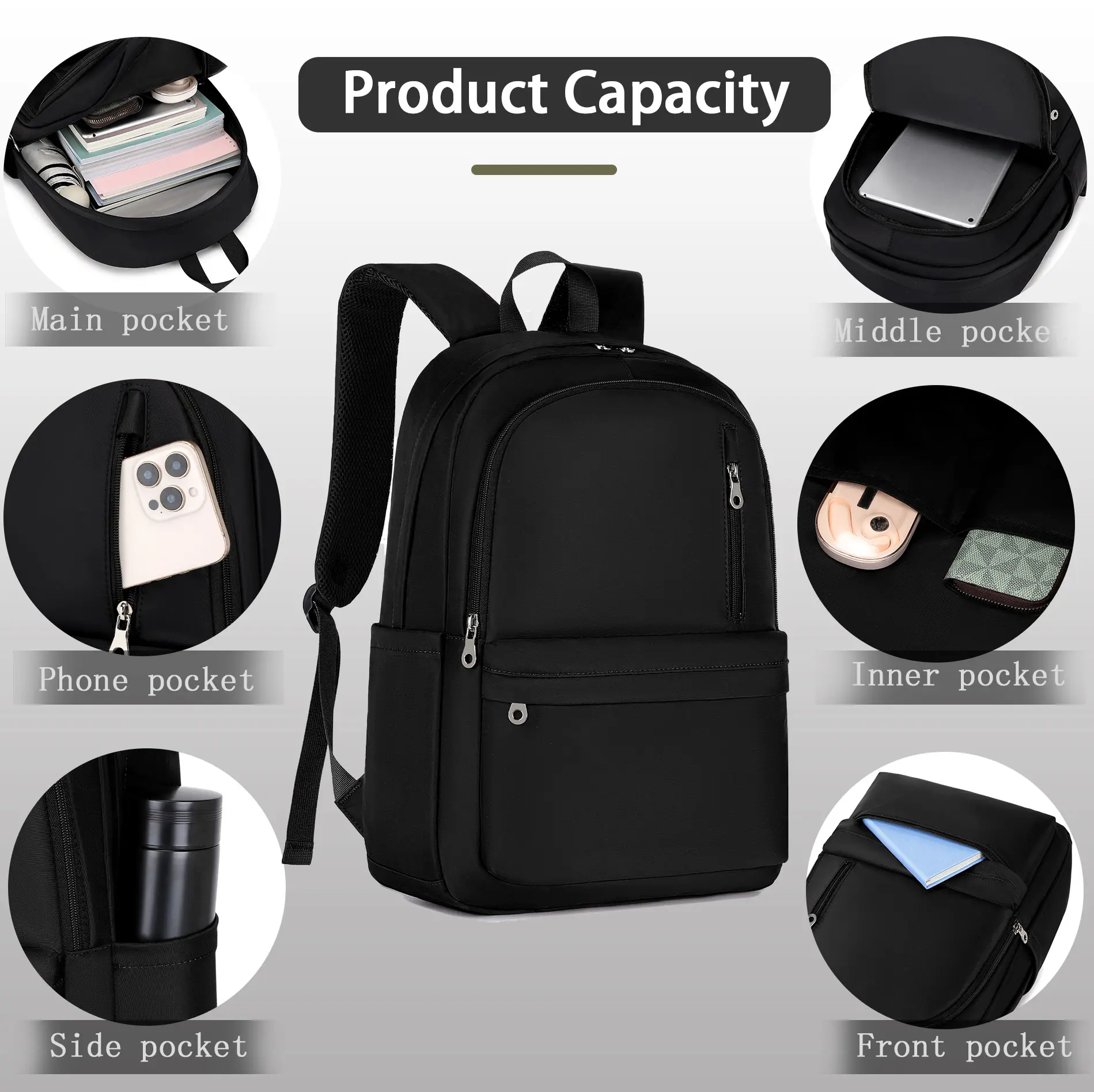 Nylon Backpack Lightweight Daypack Travel Work School Hiking Laptop Bag BAGOK Casual Nylon Black Backpack for School and College in  main image 3