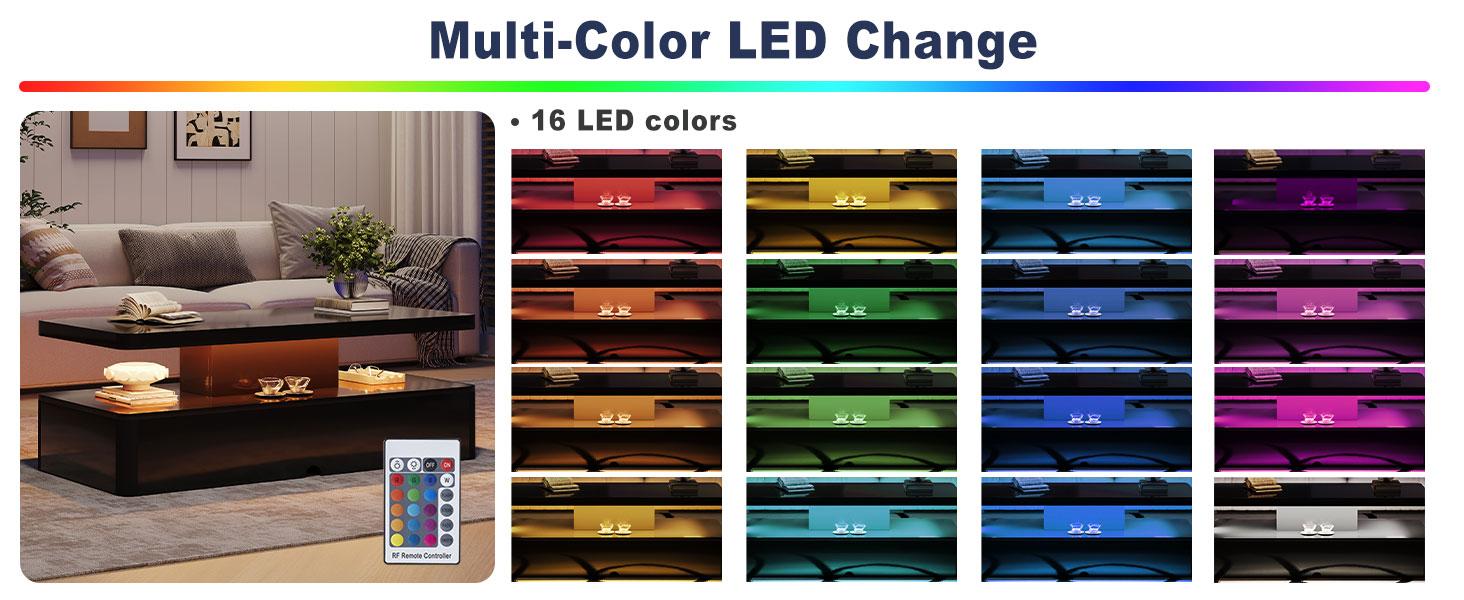 Modern Coffee Table, 40 Inches Coffee Tables with 16 Colors LED Lights, 2 Tier Rectangular Center Table, Large Storage Space, High Glossy Wooden Tea Table for Living Room, Bedroom, Office, Black