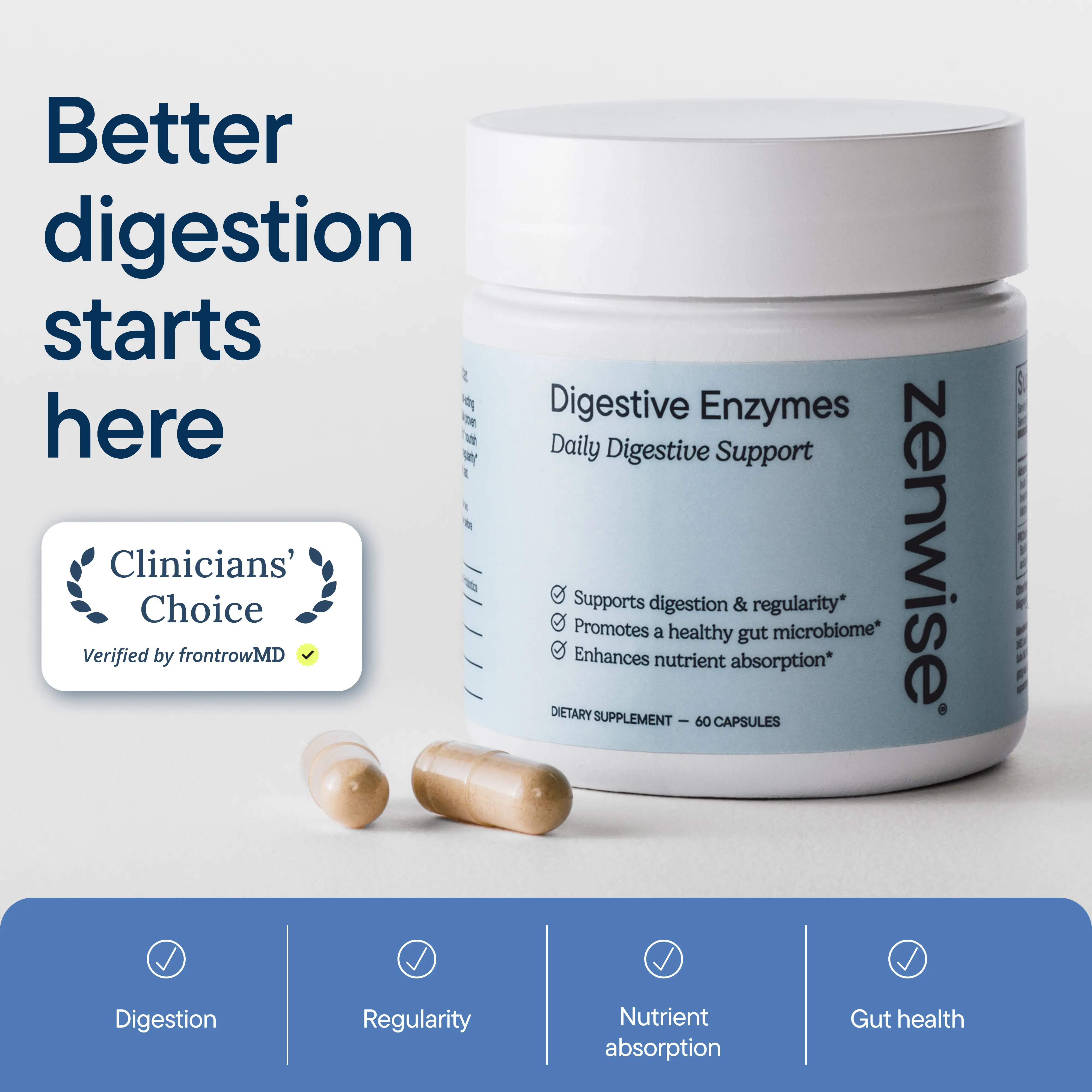 Zenwise Digestive Enzymes with Probiotics and Prebiotics for Gut Health and Bloating Relief - Boost Gut Health + Reduce Bloating - 60 Count