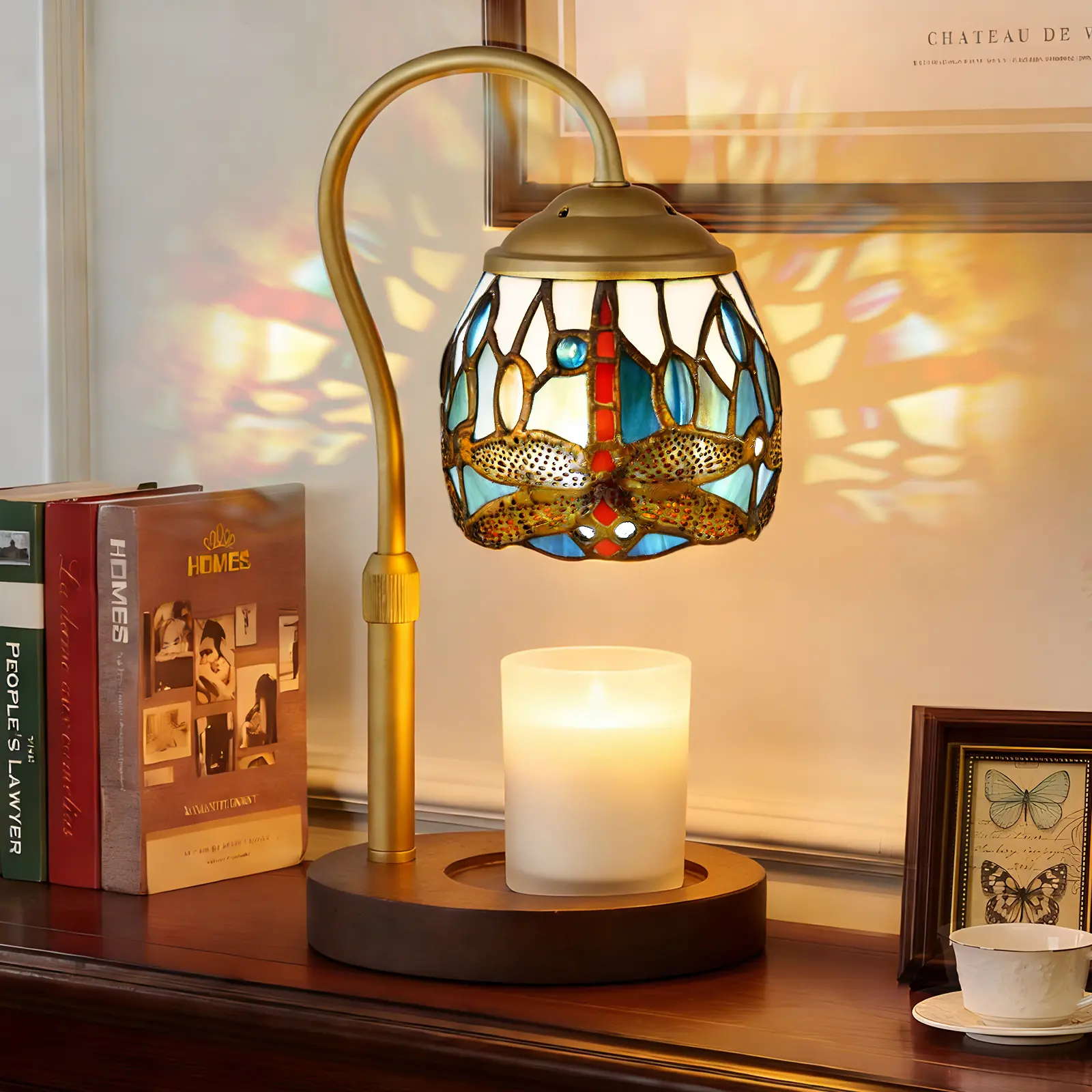 Dragonfly Tiffany Style Candle Warmer Lamp, Adjustable Height Candle Warmer Lamp with Timer and Dimmer, Dimmable Electric Candle Warmer for Scented Wax, Glass Shade, Metal Stem, Wooden Base