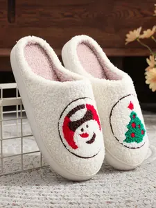 Women's Christmas Themed Plush Slippers, Snowman & Christmas Tree Pattern House Slippers, Casual Soft Comfortable Home Shoes, Warm Slippers for Indoor & Outdoor Use for Fall & Winter