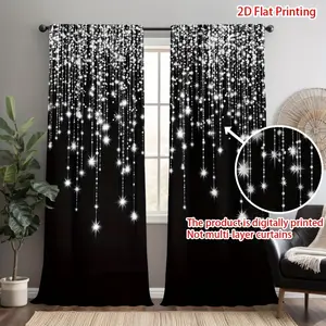 2-Piece set, elegant black and silver glitter diamond print curtains - sparkling background, translucent rod pocket design, suitable for bedroom living room kitchen cafe home decoration, room decoration, Window Curtain