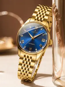 Women's Case Blue Dial Mechanical Watch, Roman Numerals, Diamond Accents, Full Calendar, Casual Business Style
