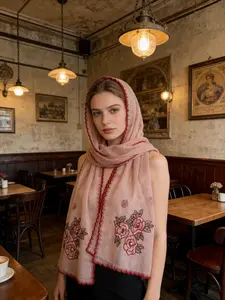 Spring new wave-edge embroidered women's long shawl, Dubai women's solid color fashionable vintage headscarf